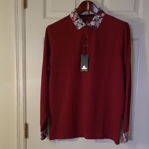 Men's Red Long Sleeve Shirt with Patterned Collar